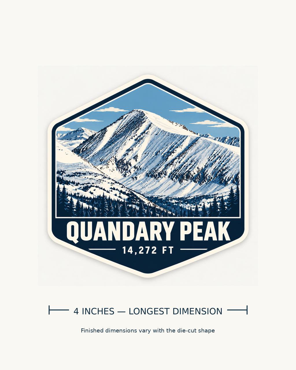 Quandary Peak Vintage Summit sticker size guide showing its 4-inch dimension