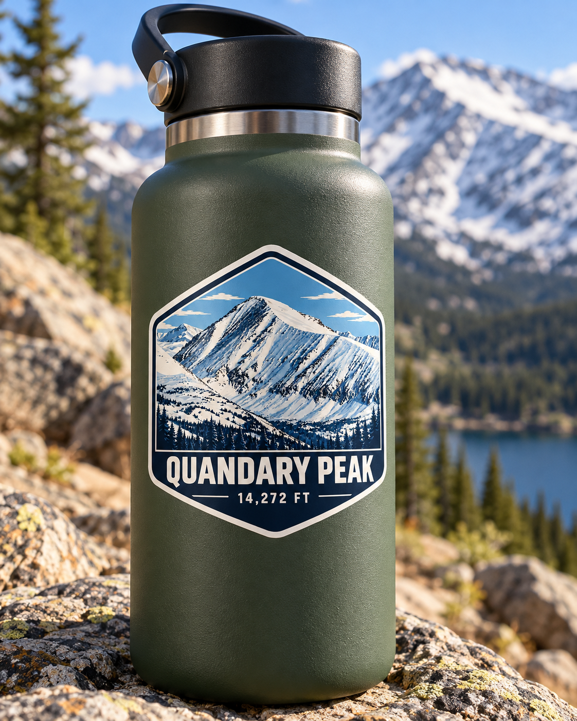 Quandary Peak mountain sticker displayed on an olive green insulated water bottle outdoors