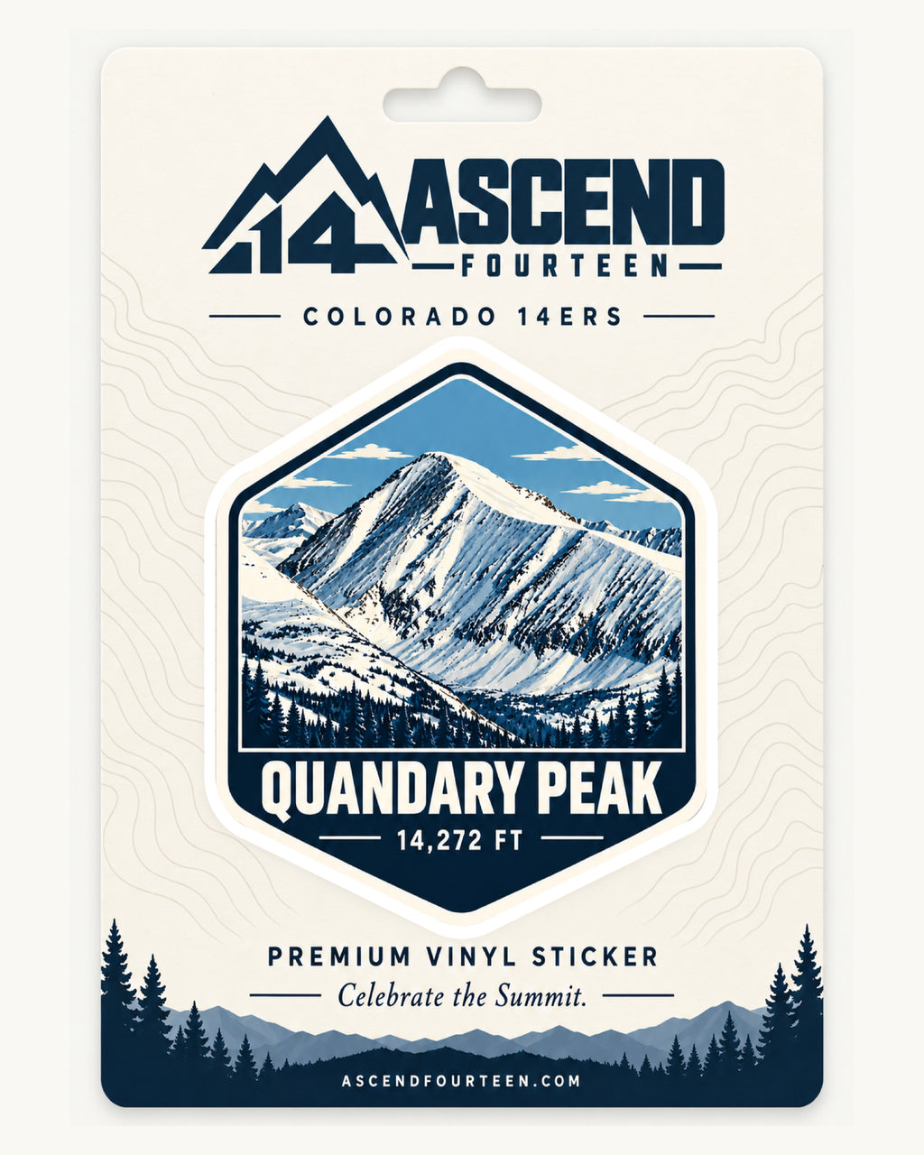Quandary Peak Vintage Summit sticker on Ascend Fourteen branded cream and navy packaging