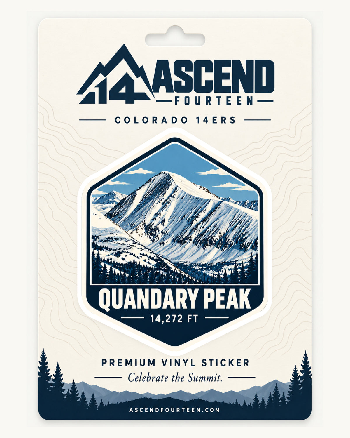 Quandary Peak Vintage Summit sticker on Ascend Fourteen branded cream and navy packaging